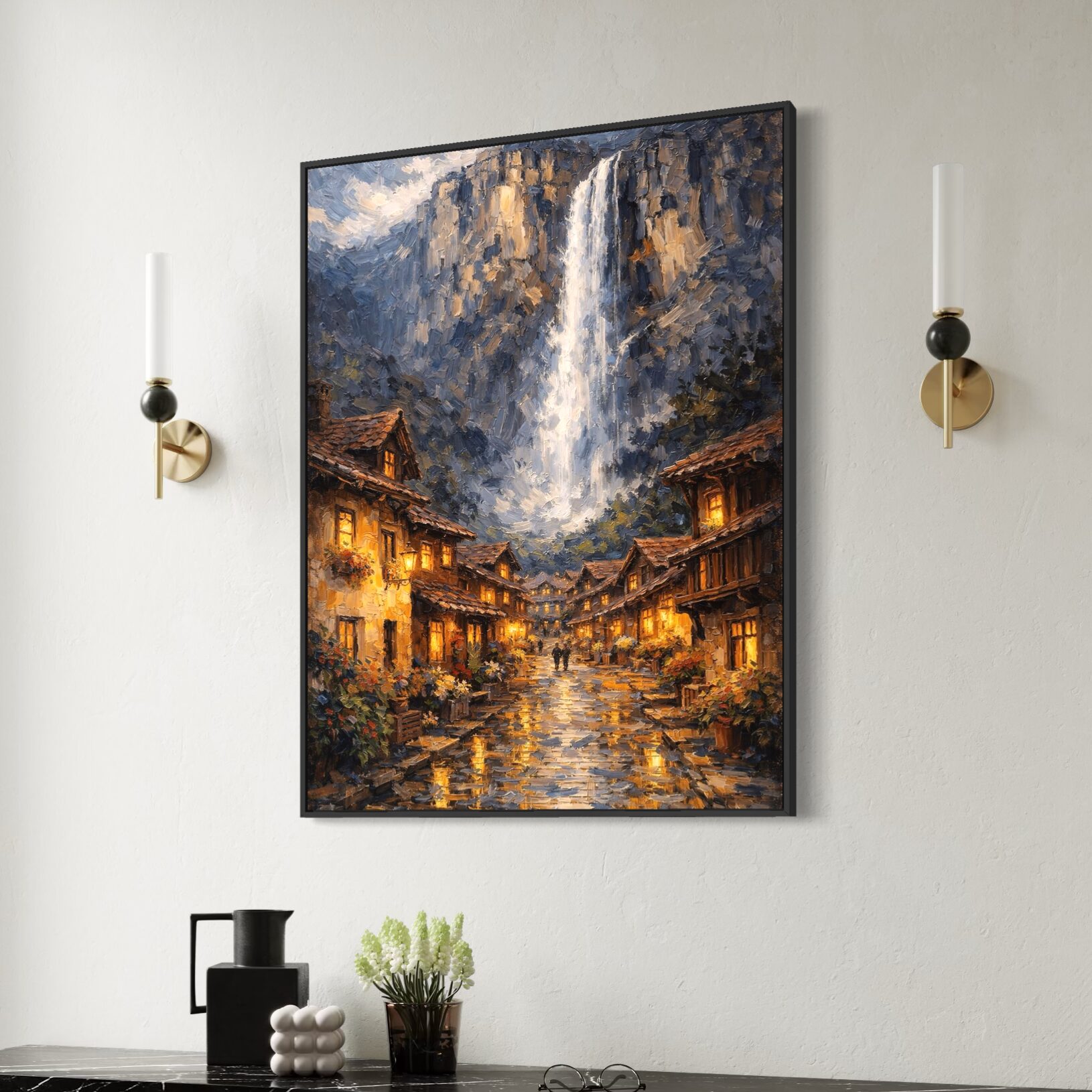 tableau hameau des brumes cascade village montagne décoration intérieure contemporaine spektra
