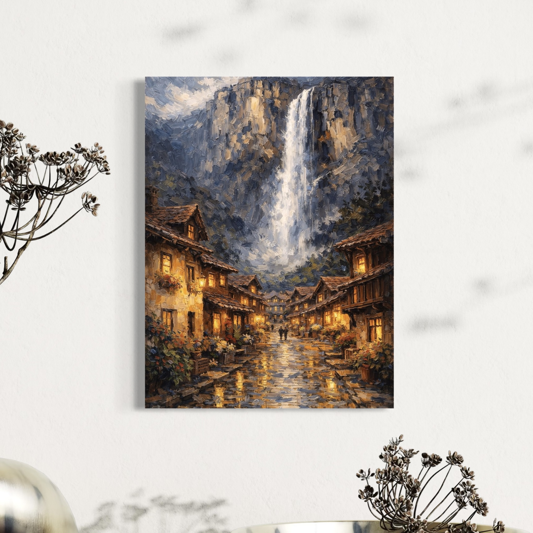 tableau hameau des brumes village montagne cascade nature décoration contemporaine spektra