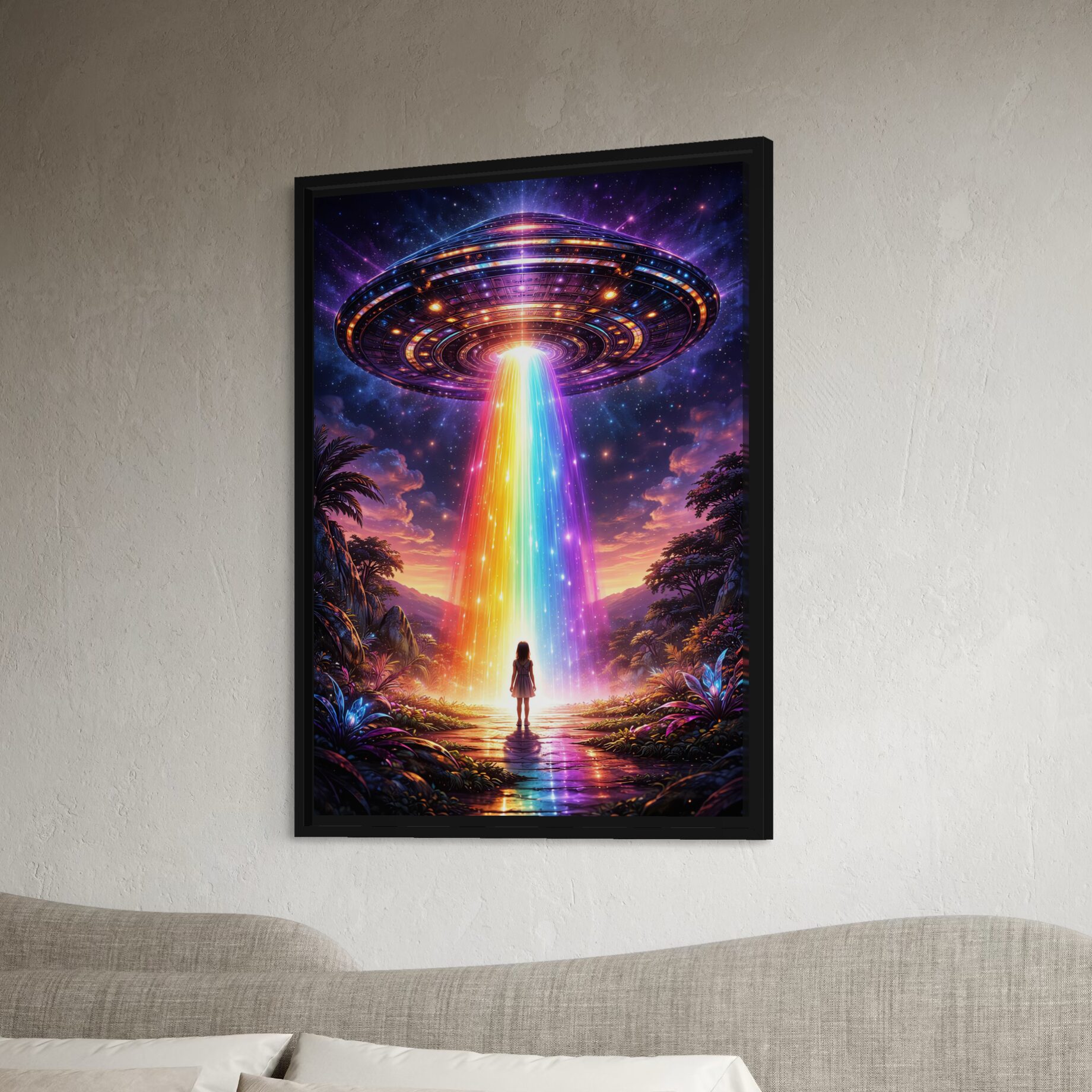 Tableau Horizon Galactique – Art futuriste et cosmique tableau horizon galactique ovni futuriste neon science fiction mural moderne salon