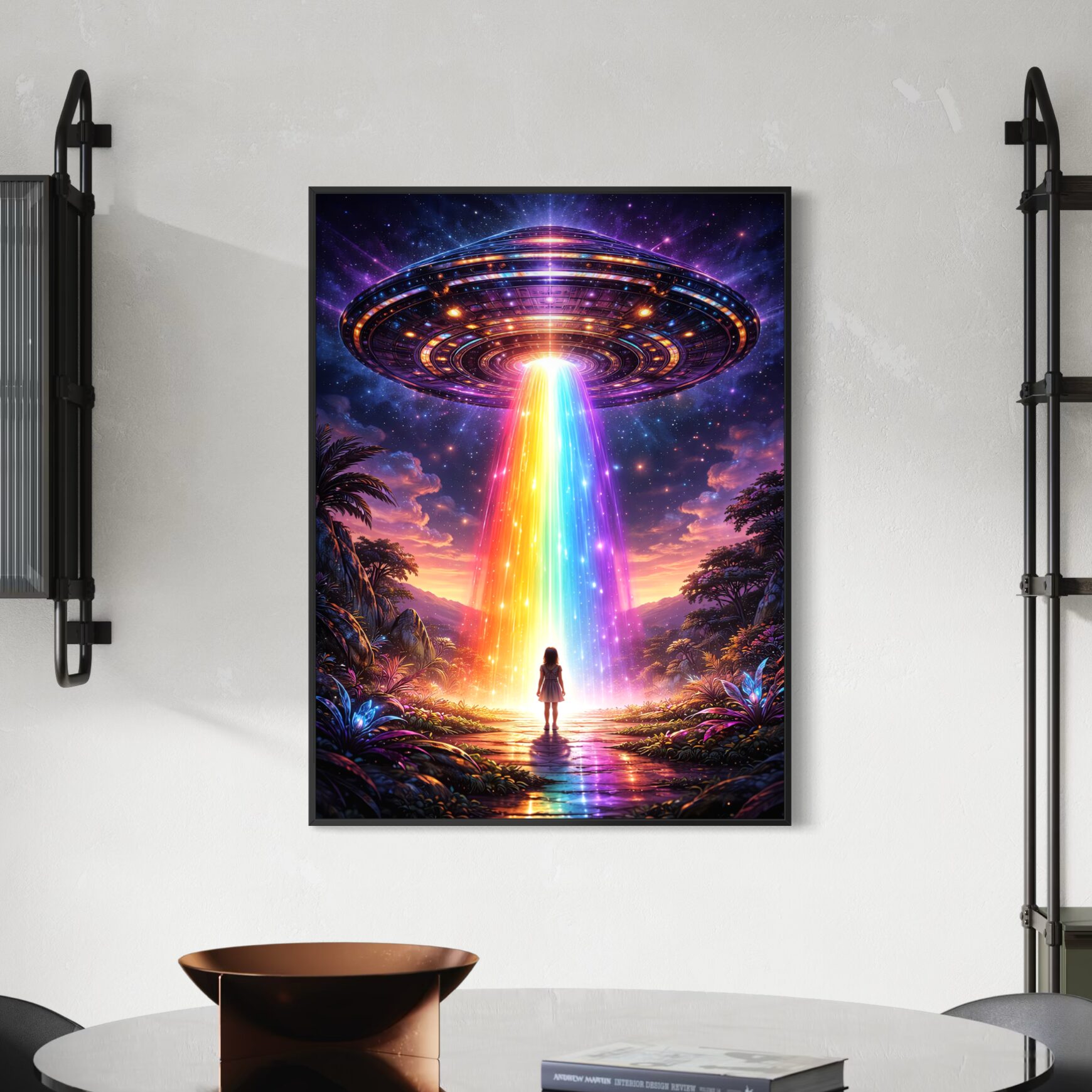 Tableau Horizon Galactique – Art futuriste et cosmique tableau horizon galactique ovni futuriste neon science fiction art cosmique mural moderne