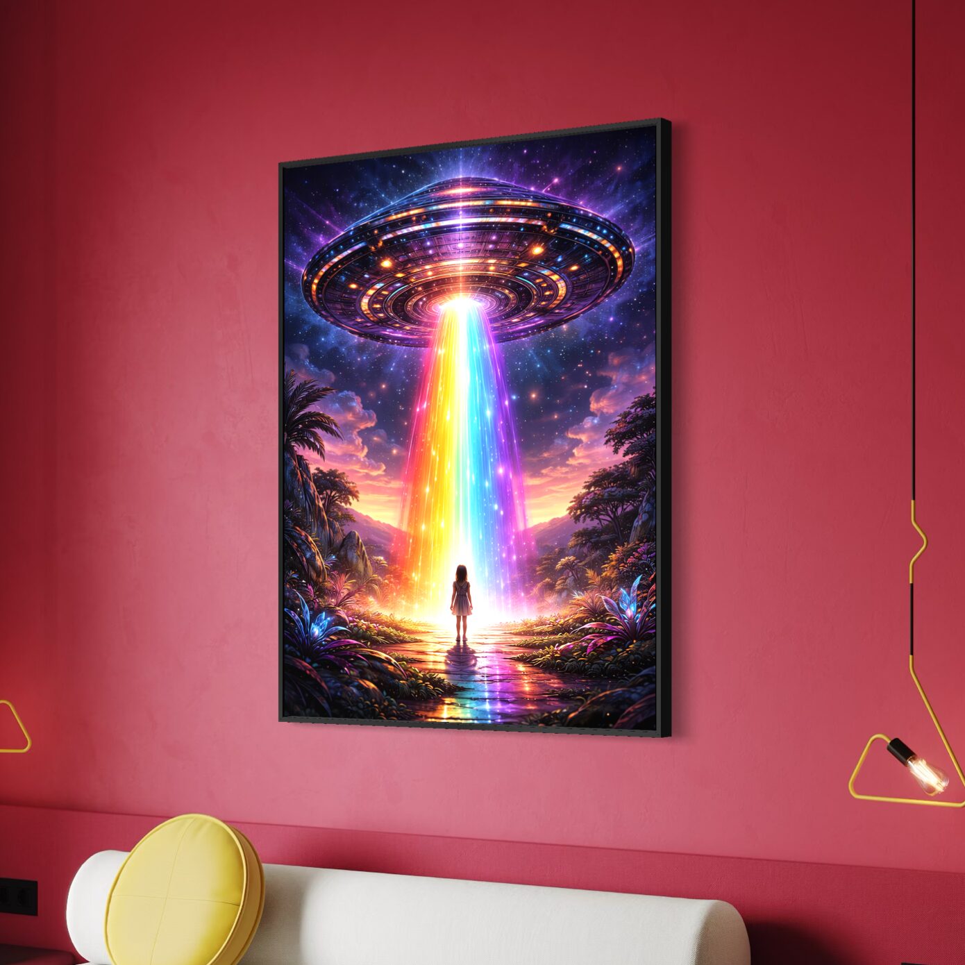 Tableau Horizon Galactique – Art futuriste et cosmique tableau horizon galactique ovni rainbow futuriste science fiction neon mural moderne