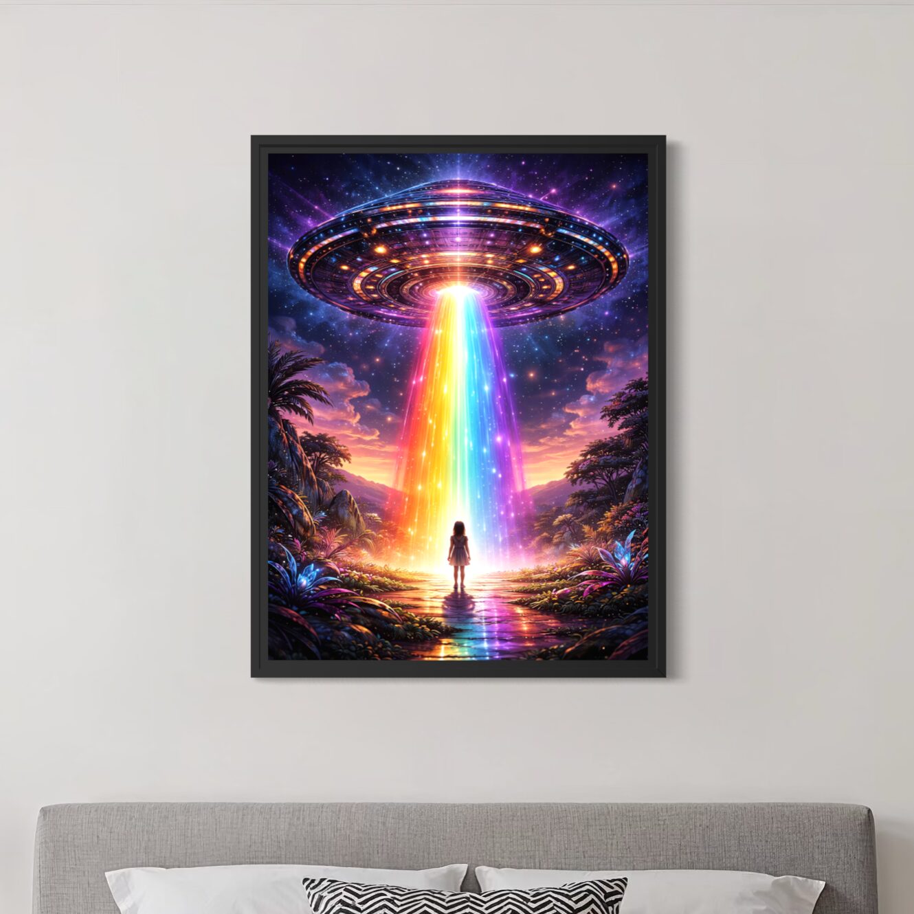 Tableau Horizon Galactique – Art futuriste et cosmique tableau horizon galactique science fiction neon ovni arc en ciel decoration murale moderne