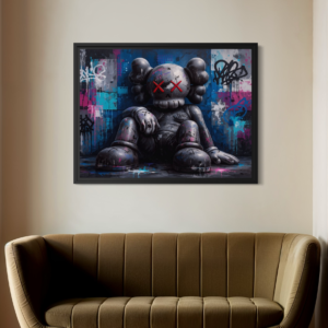 tableau street art contemporain dans un salon moderne avec ambiance artistique urbaine