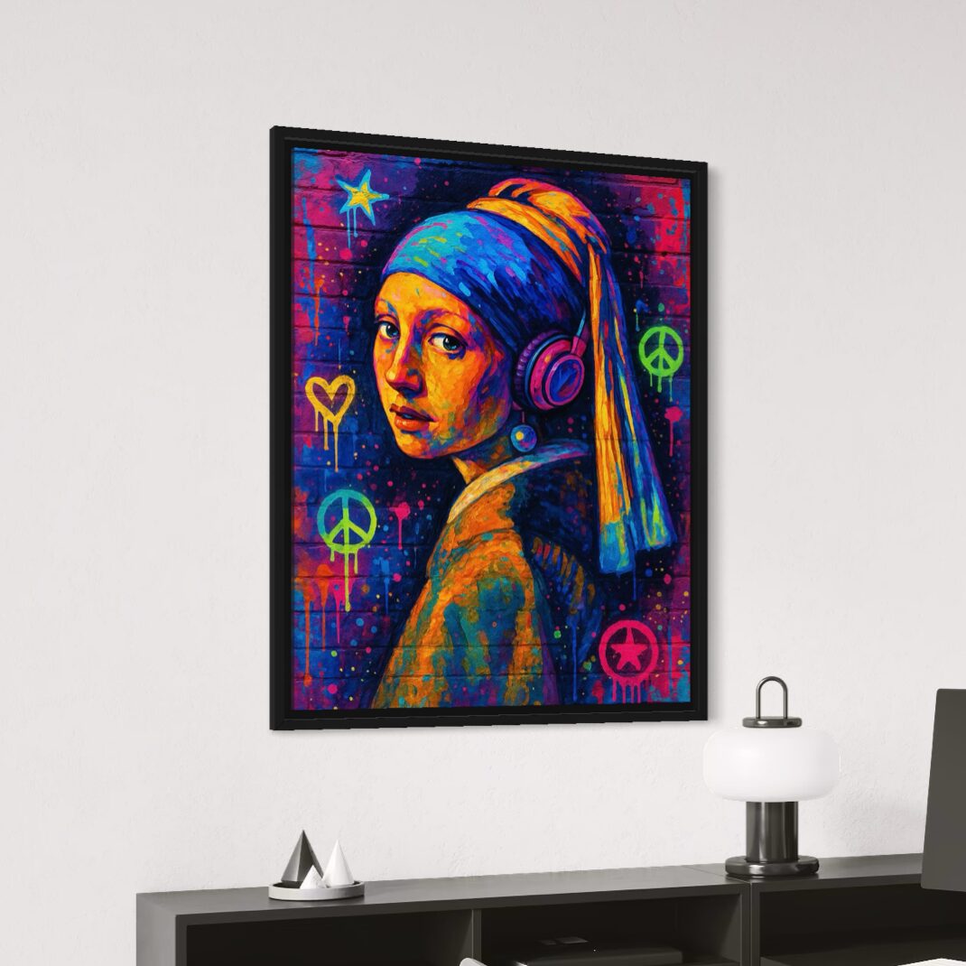 Tableau Jeune Fille à la Perle Street Art – Pop Art Contemporain tableau jeune fille a la perle graffiti pop art moderne avec casque audio spektra
