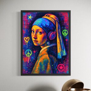Accueil tableau jeune fille a la perle pop art moderne avec casque audio et street art spektra