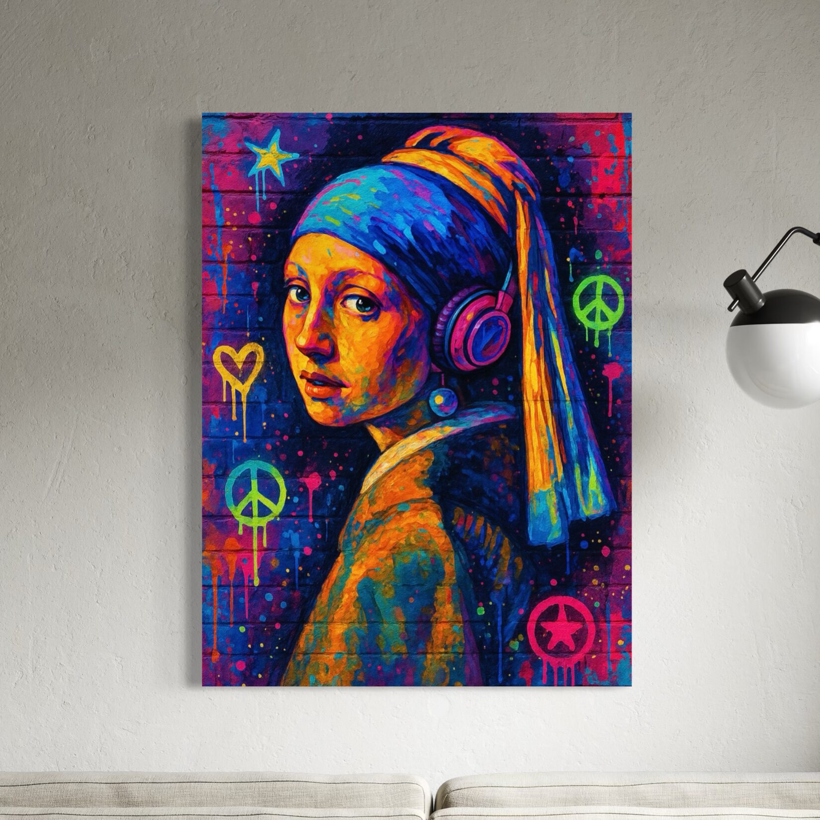 Tableau Jeune Fille à la Perle Street Art – Pop Art Contemporain tableau jeune fille a la perle pop art urbain contemporain avec casque audio spektra