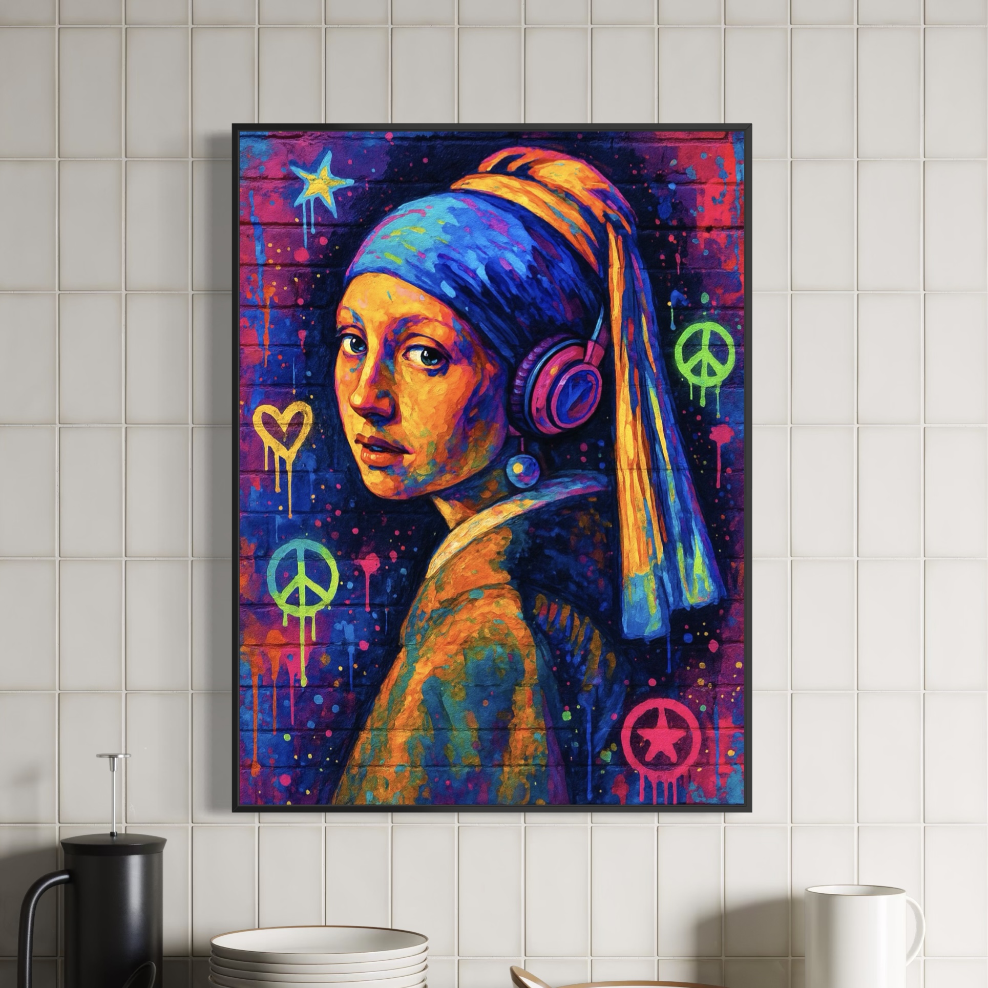 Tableau Jeune Fille à la Perle Street Art – Pop Art Contemporain tableau jeune fille a la perle street art contemporain avec casque audio spektra