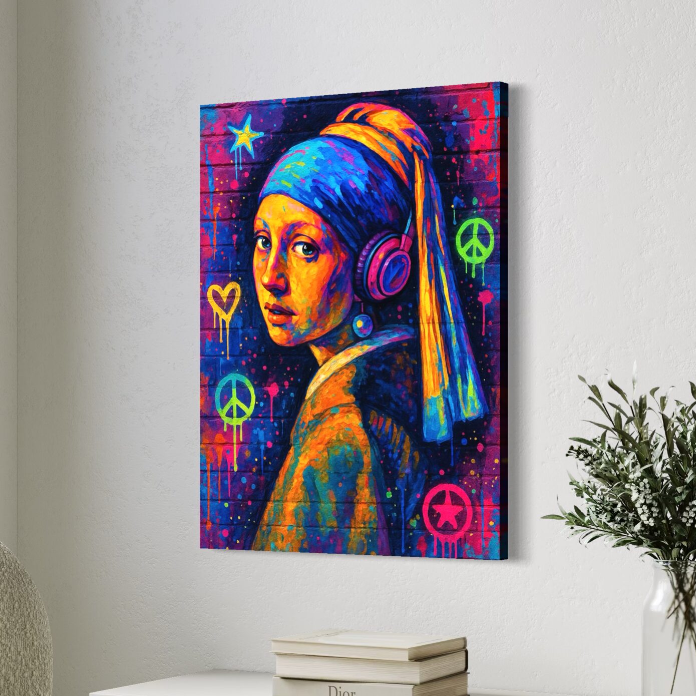 Tableau Jeune Fille à la Perle Street Art – Pop Art Contemporain tableau jeune fille a la perle street art neon pop art contemporain spektra