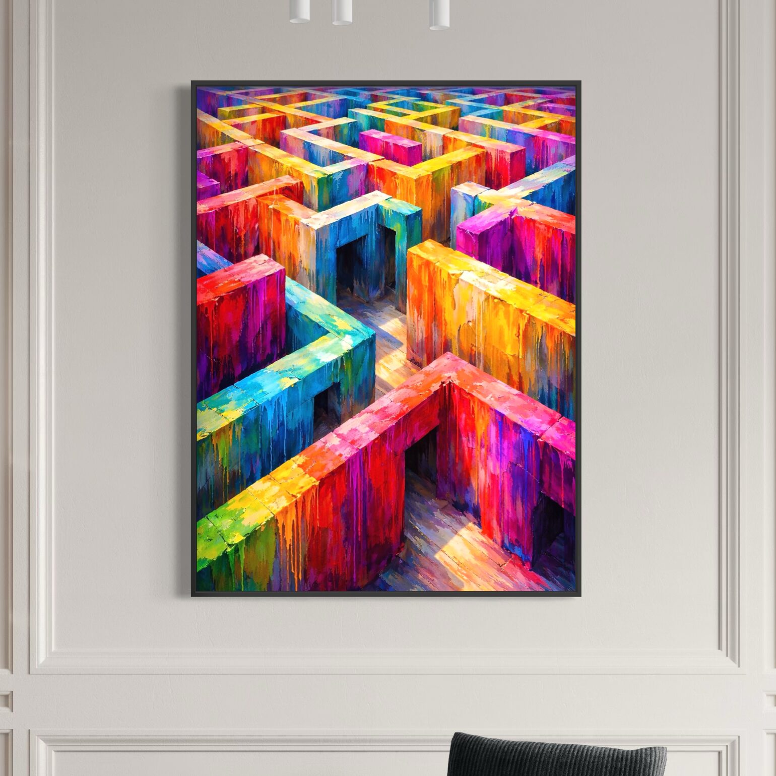 Tableau labyrinthique abstrait – Vertige Labyrinthique tableau labyrinthe abstrait colore moderne vertige labyrinthique decoration murale