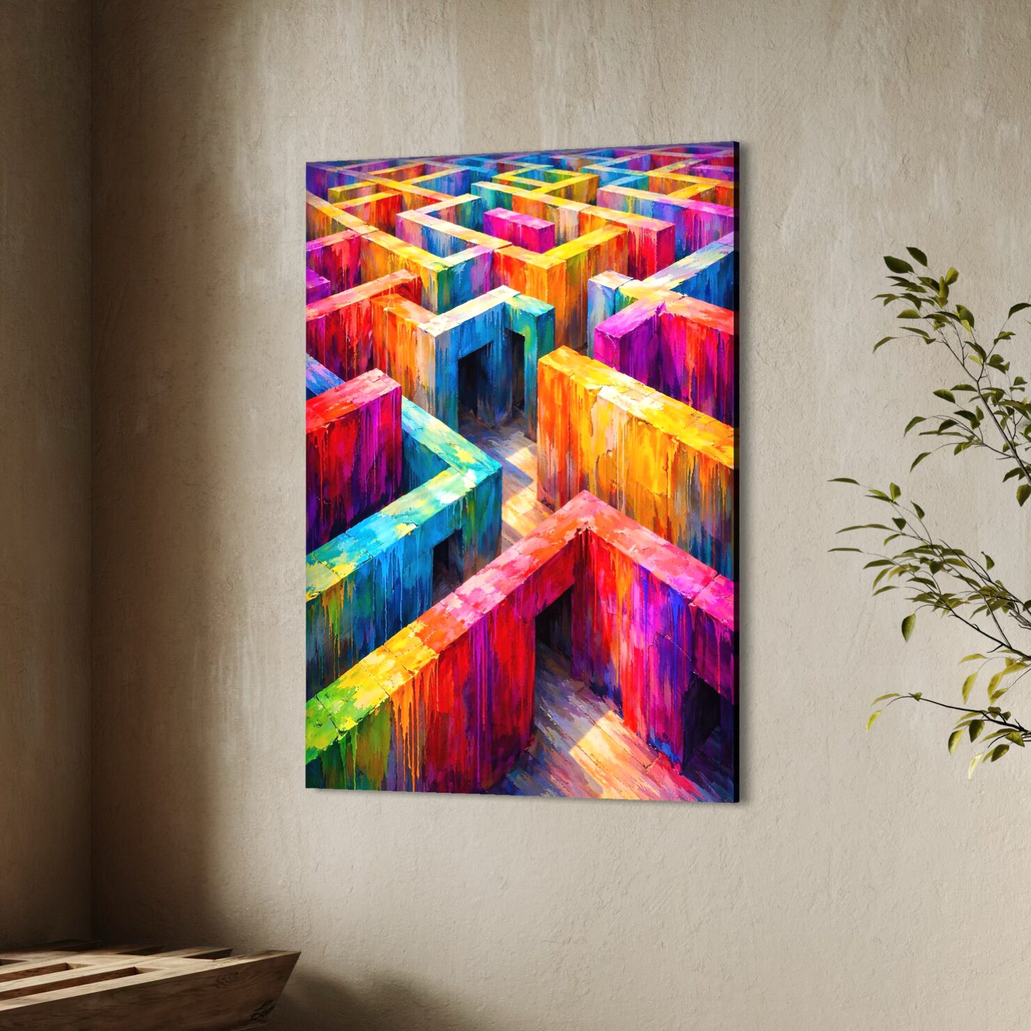 Tableau labyrinthique abstrait – Vertige Labyrinthique tableau labyrinthe abstrait coloré moderne décoration murale immersive