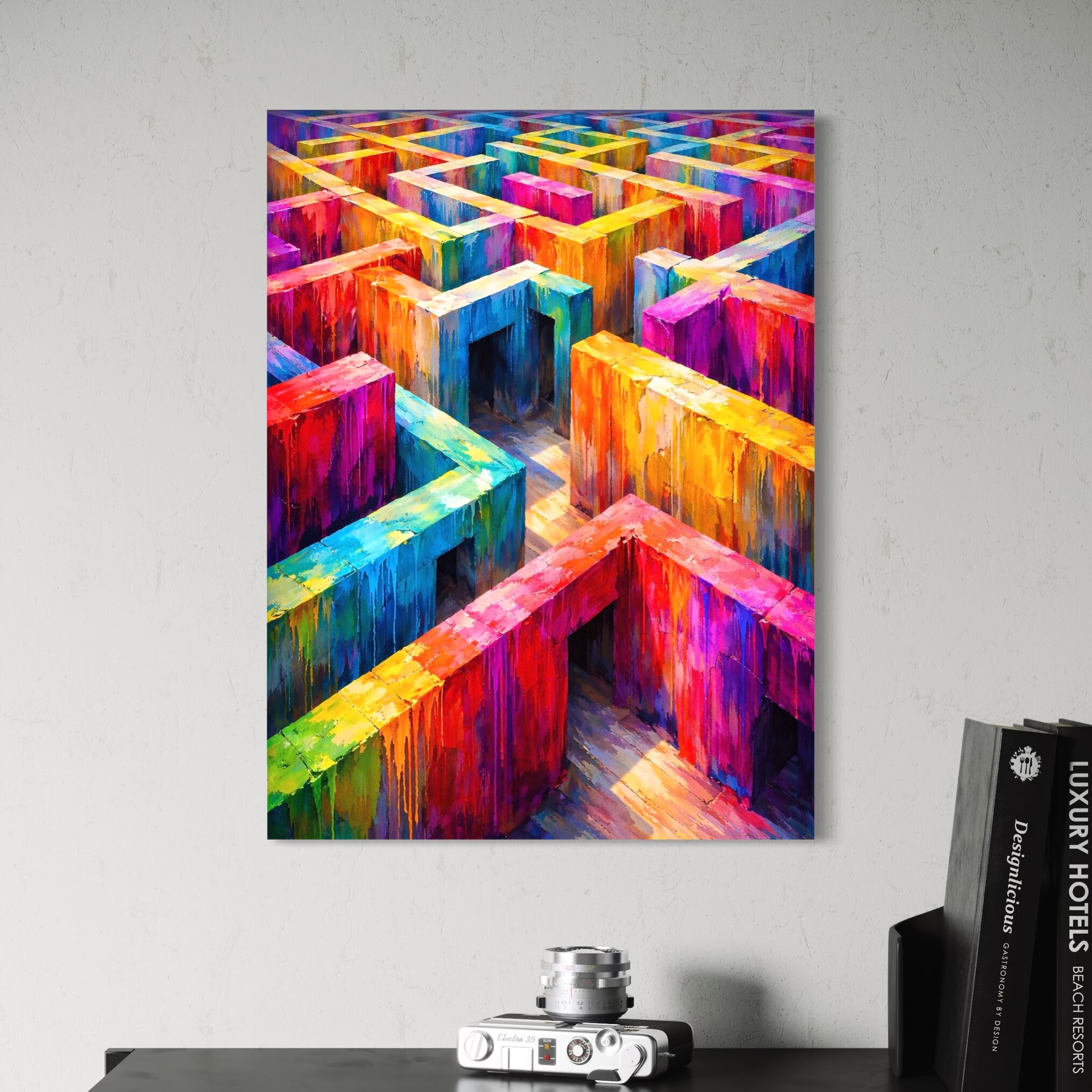 Tableau labyrinthique abstrait – Vertige Labyrinthique tableau labyrinthe abstrait colore moderne vertige labyrinthique design