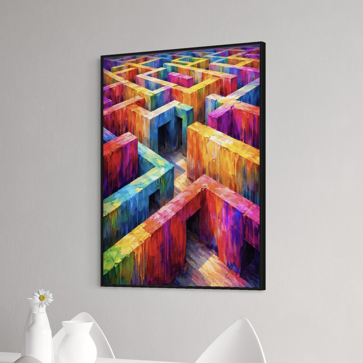 Tableau labyrinthique abstrait – Vertige Labyrinthique tableau labyrinthe colore abstrait moderne vertige labyrinthique design mural