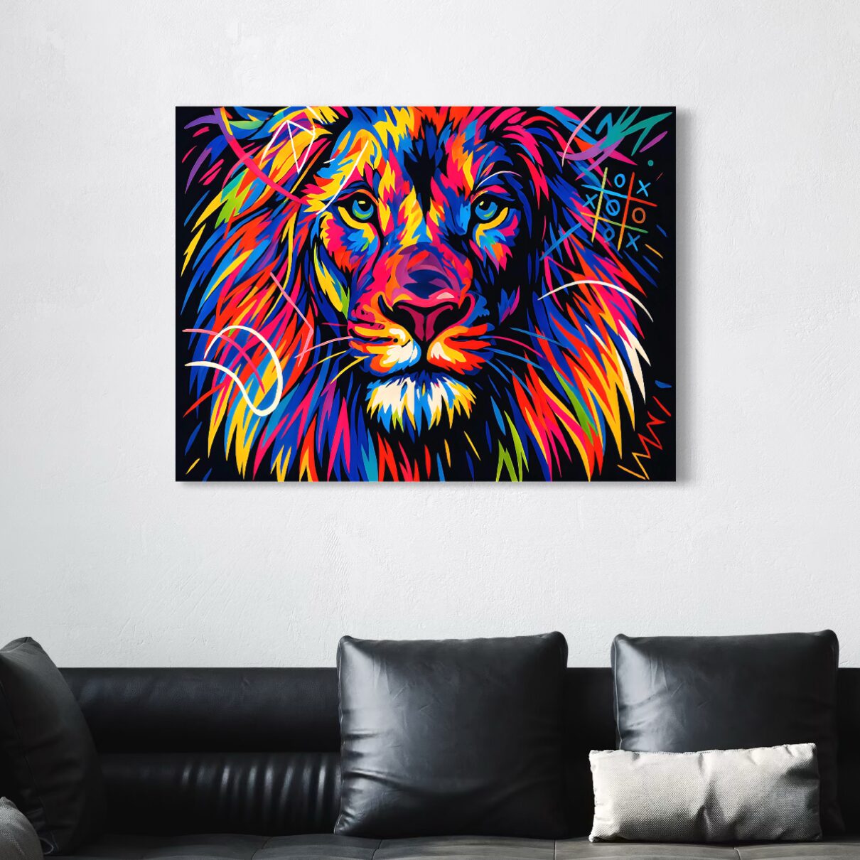 tableau lion pop art coloré décoration salon moderne king of colors spektra