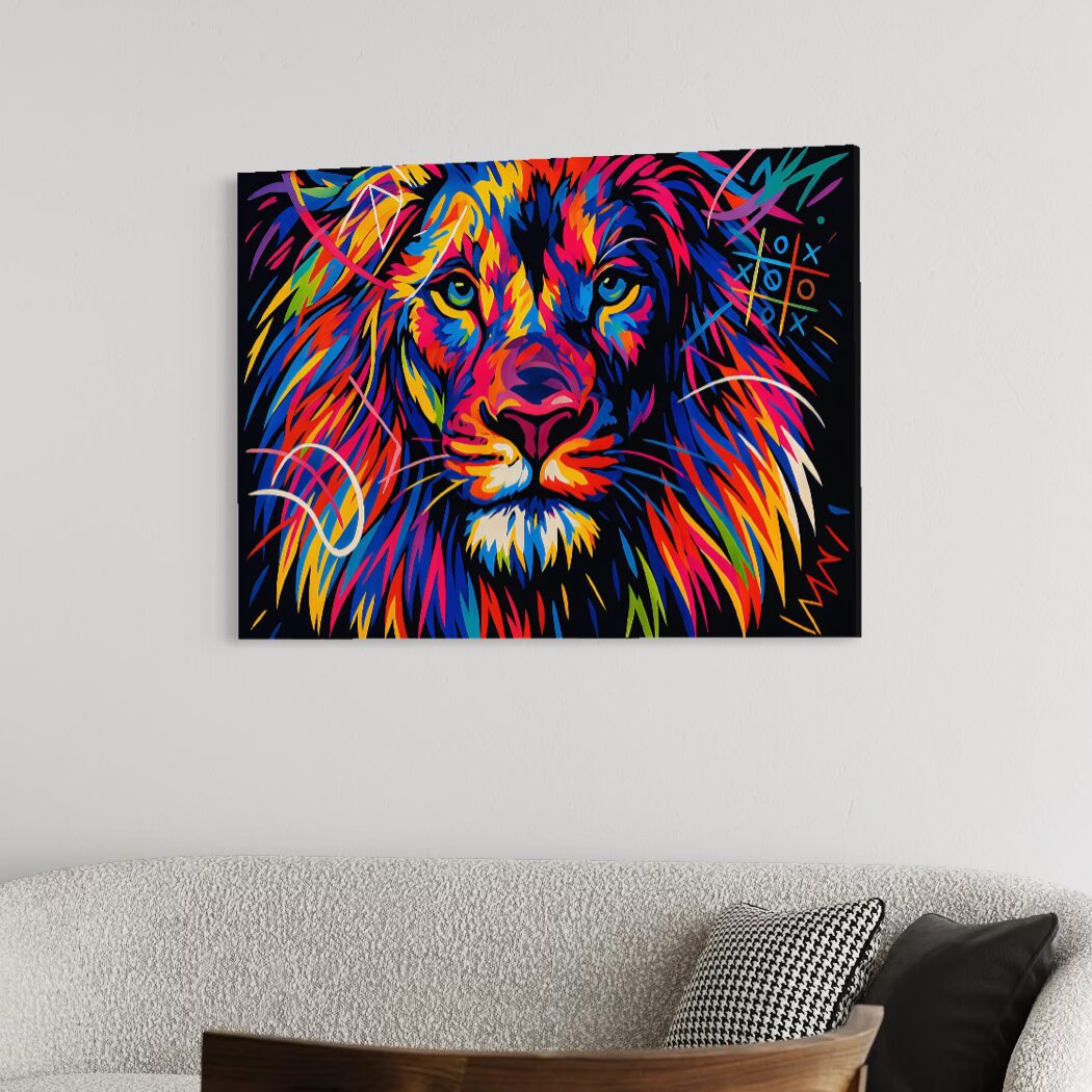 tableau lion pop art coloré néon décoration murale moderne king of colors spektra