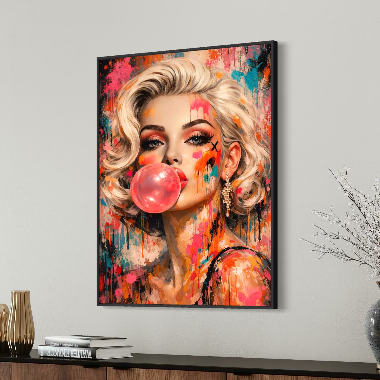 Tableau Marilyn Monroe Bubble Glam – Pop art glamour contemporain tableau marilyn monroe pop art coloré portrait glamour chewing gum décoration murale contemporaine moderne