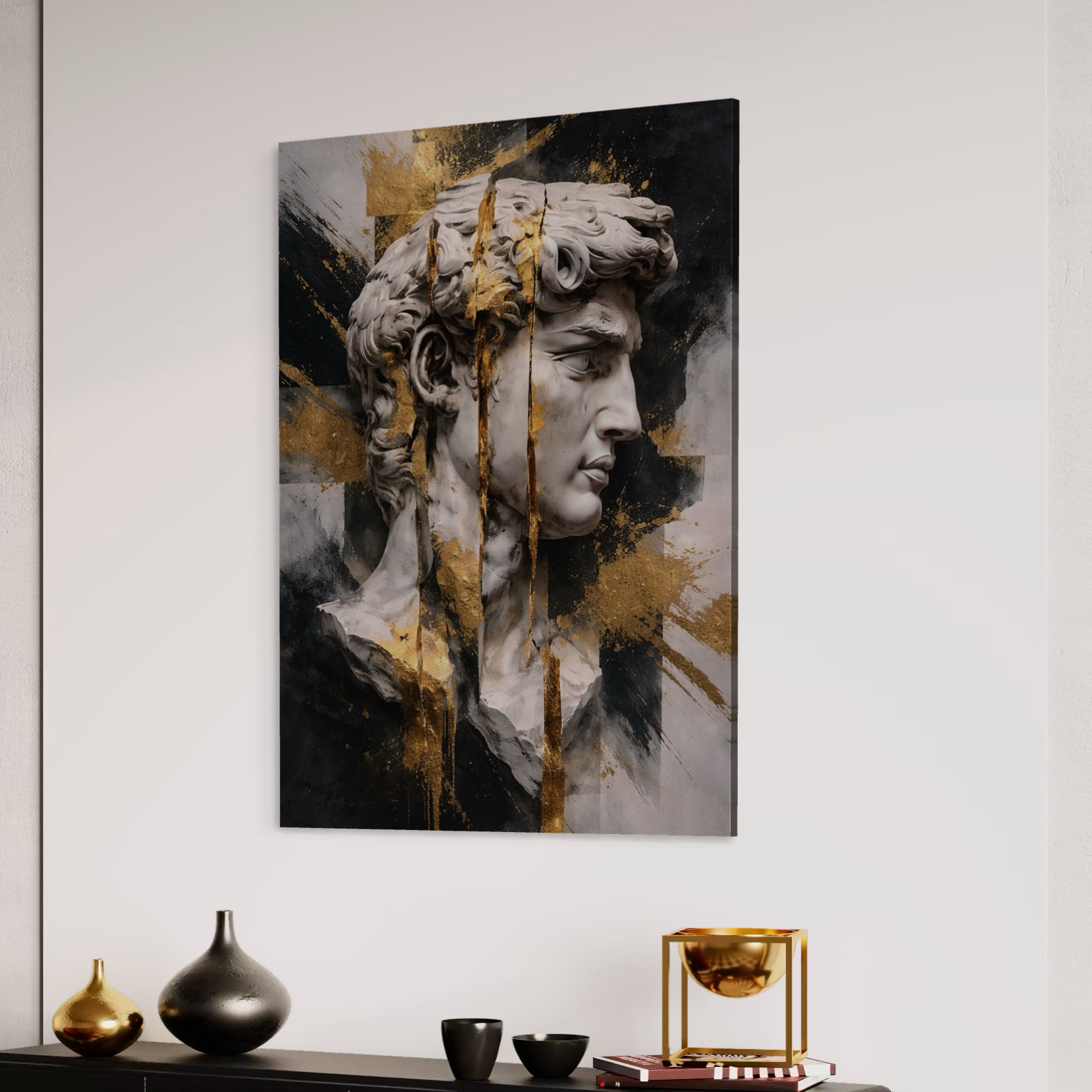 Tableau Mémoire Antique dans un intérieur contemporain tableau sculpture antique contemporain noir et or avec portrait artistique moderne et décoration murale luxe