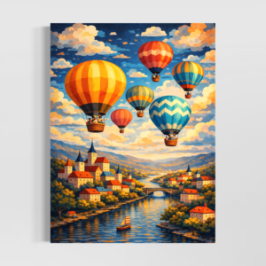 tableau montgolfieres colorees paysage onirique village et ciel lumineux