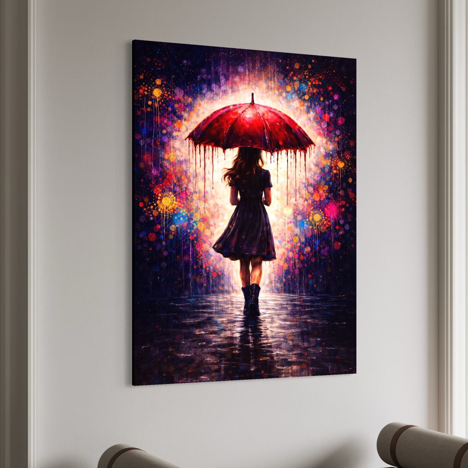 Tableau Parapluie Rouge – Art Contemporain Coloré tableau parapluie rouge femme art lumineux contemporain décoration murale spektra