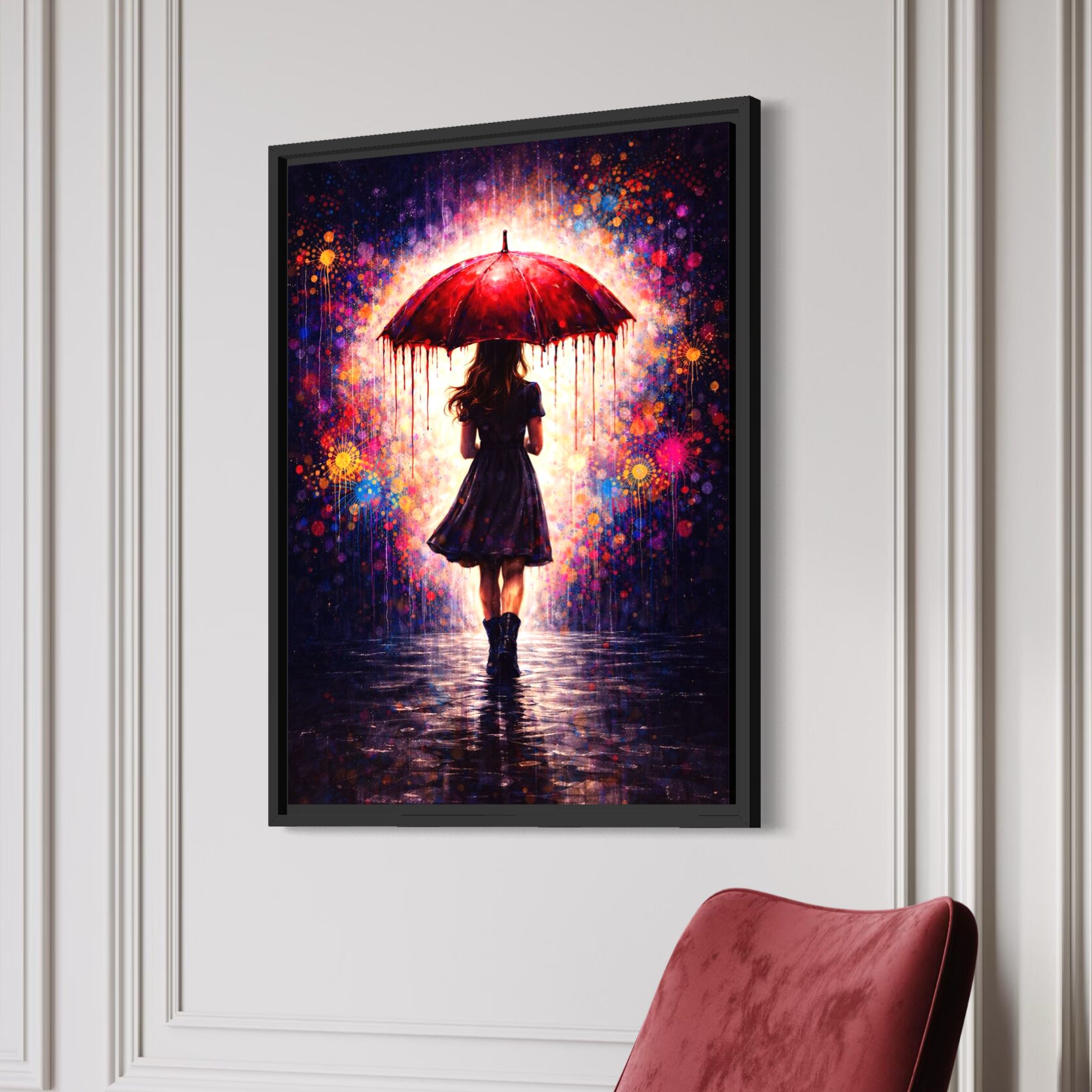 Tableau Parapluie Rouge – Art Contemporain Coloré tableau parapluie rouge femme décoration contemporaine art mural moderne spektra