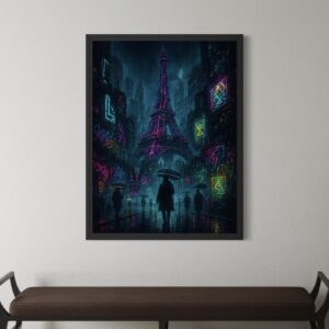 tableau paris cyberpunk tour eiffel neon futuriste art mural moderne
