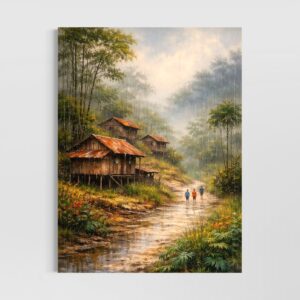 tableau paysage asie pluie rivière village nature art contemporain