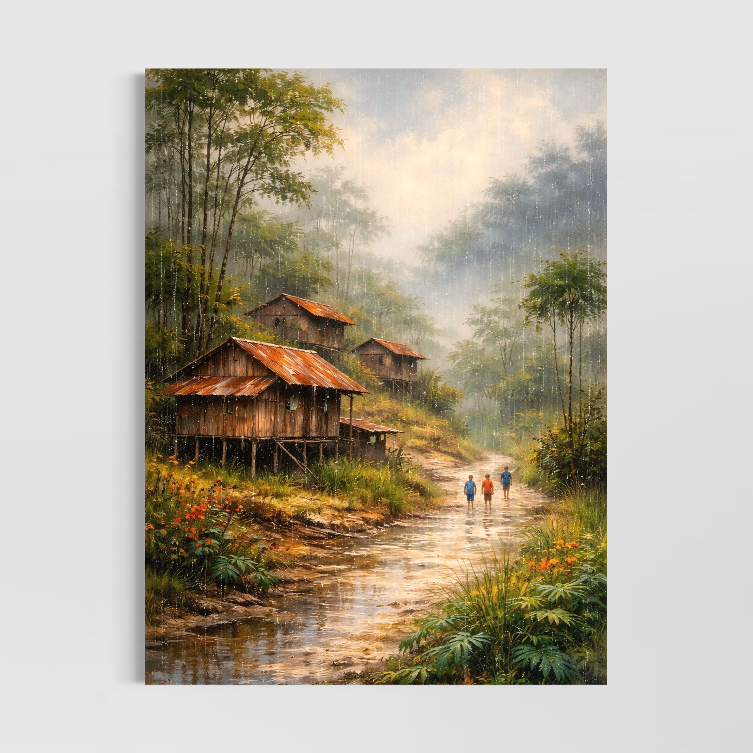 Tableau Paysage Asiatique – Lueur d’Asie tableau paysage asie pluie rivière village nature art contemporain