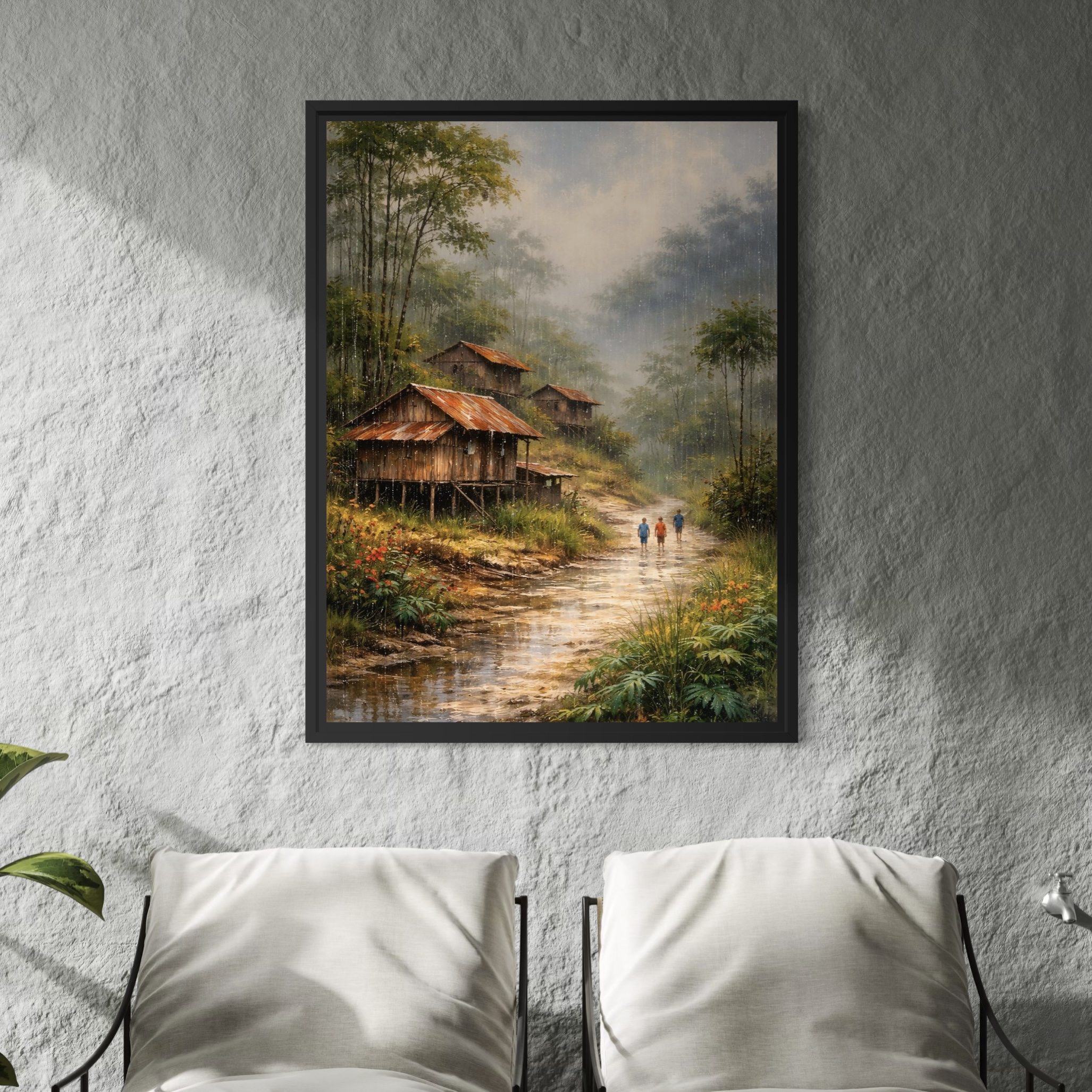 Tableau Paysage Asiatique – Lueur d’Asie tableau village asiatique rivière nature zen décoration murale cadre noir