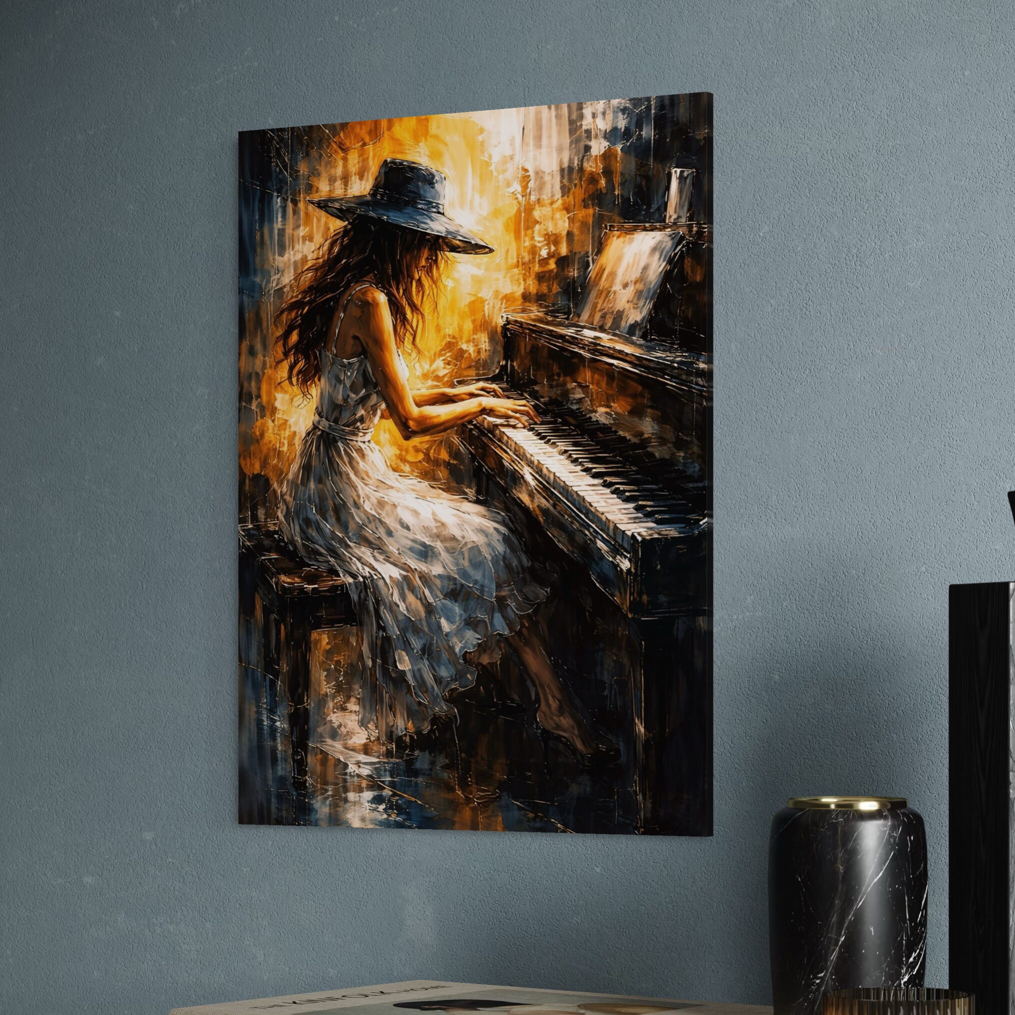 Tableau Piano Bohème – Bohème Melody tableau pianiste bohème jazz art contemporain femme piano décoration murale moderne musicale