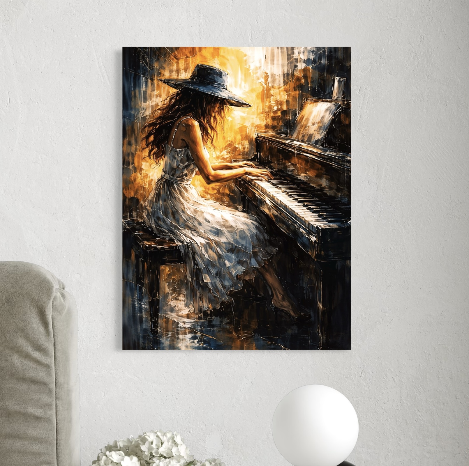 Tableau Piano Bohème – Bohème Melody tableau piano bohème femme pianiste jazz art moderne décoration murale musicale contemporaine