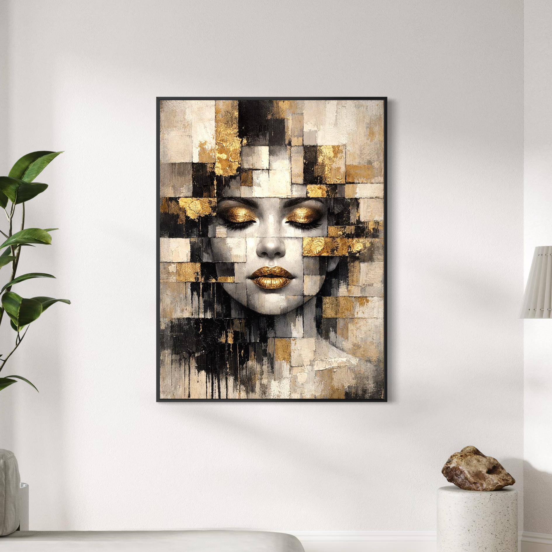 Tableau portrait abstrait doré moderne avec textures géométriques dans un intérieur design