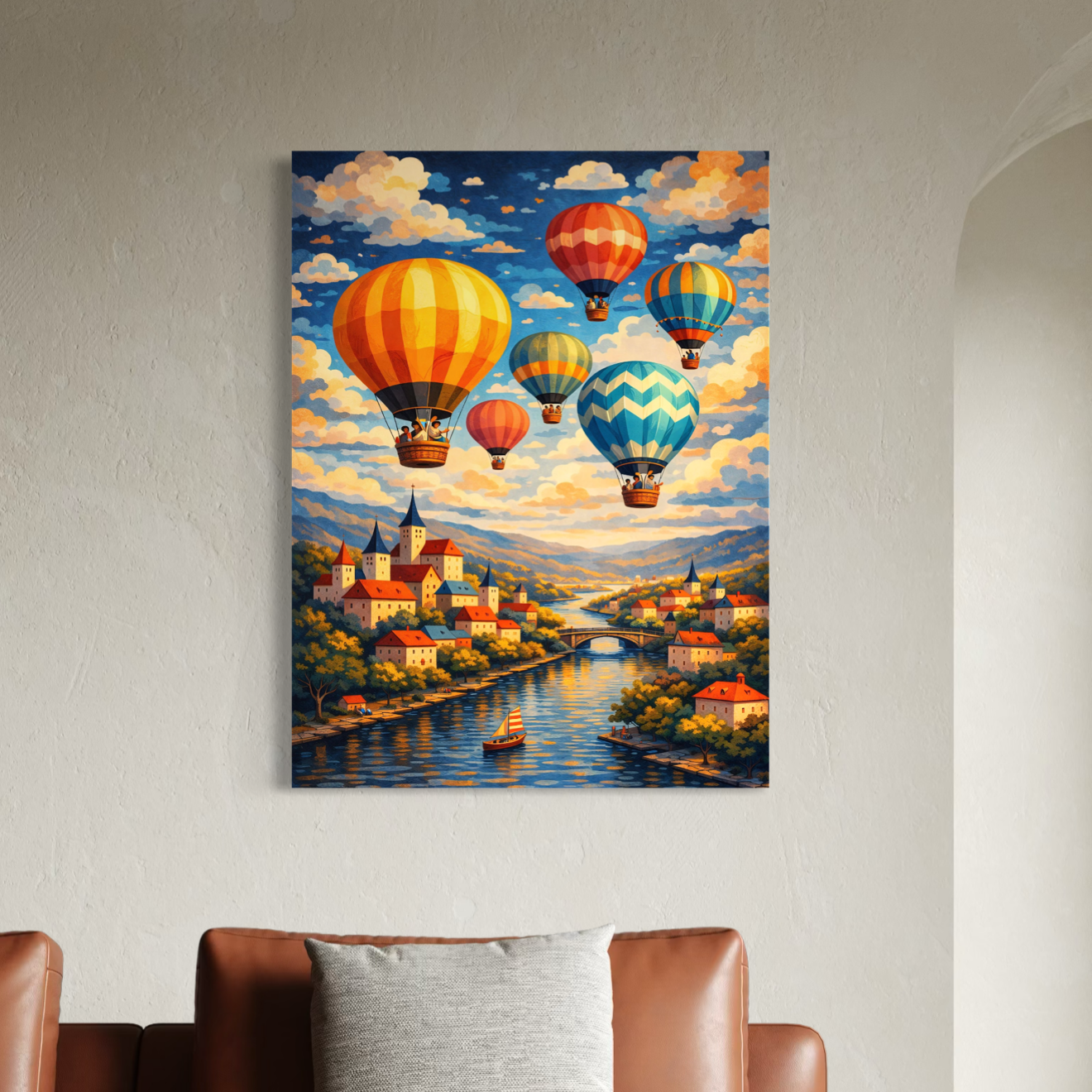 tableau deco montgolfieres colorées village rivière ciel lumineux