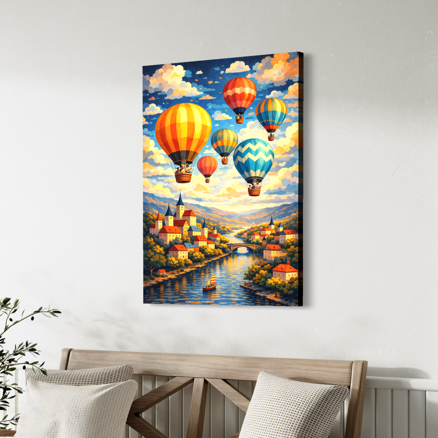 tableau montgolfieres colorées paysage village rivière déco murale