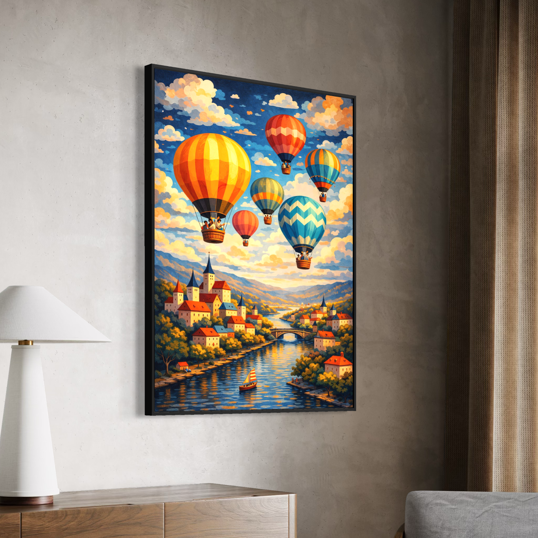 tableau paysage montgolfieres colorees village rivière ciel lumineux