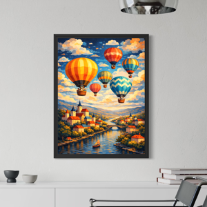 tableau montgolfieres colorees paysage village rivière et ciel lumineux