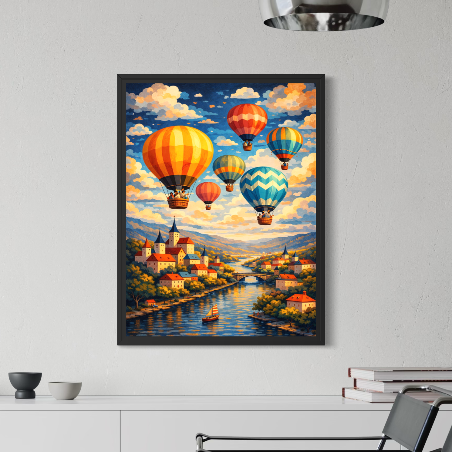 tableau montgolfieres colorees paysage village rivière et ciel lumineux