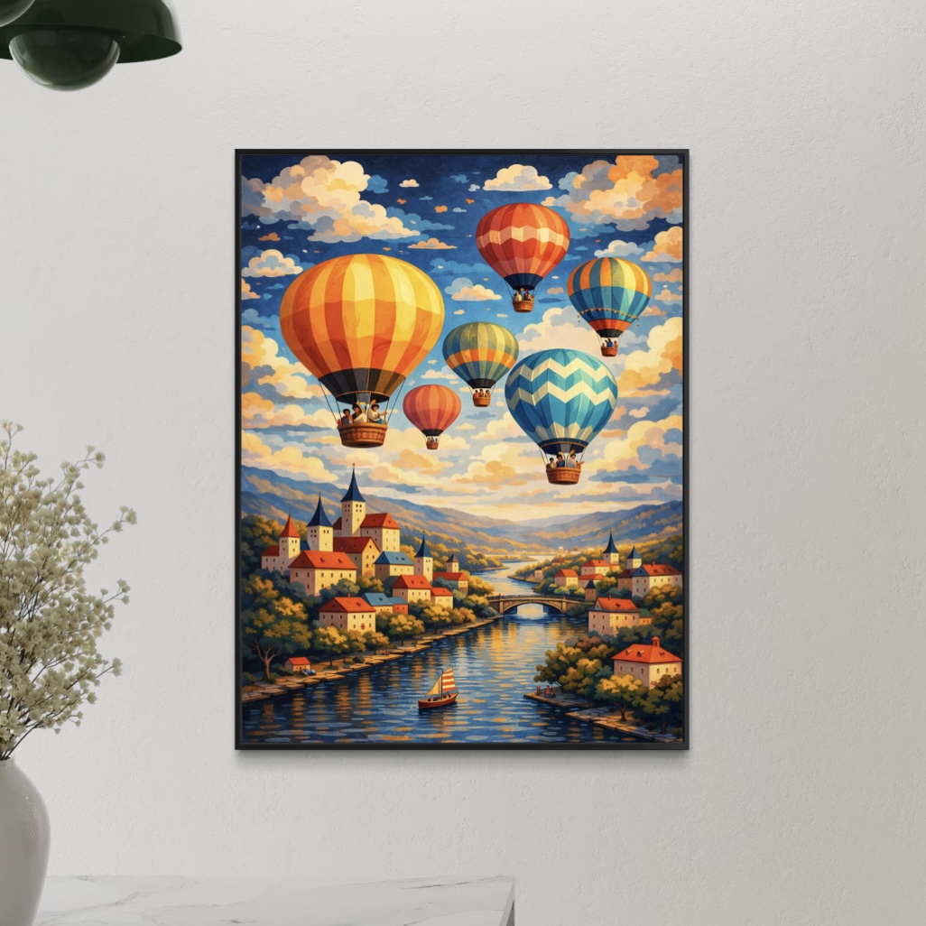tableau voyage montgolfieres colorées village rivière paysage lumineux