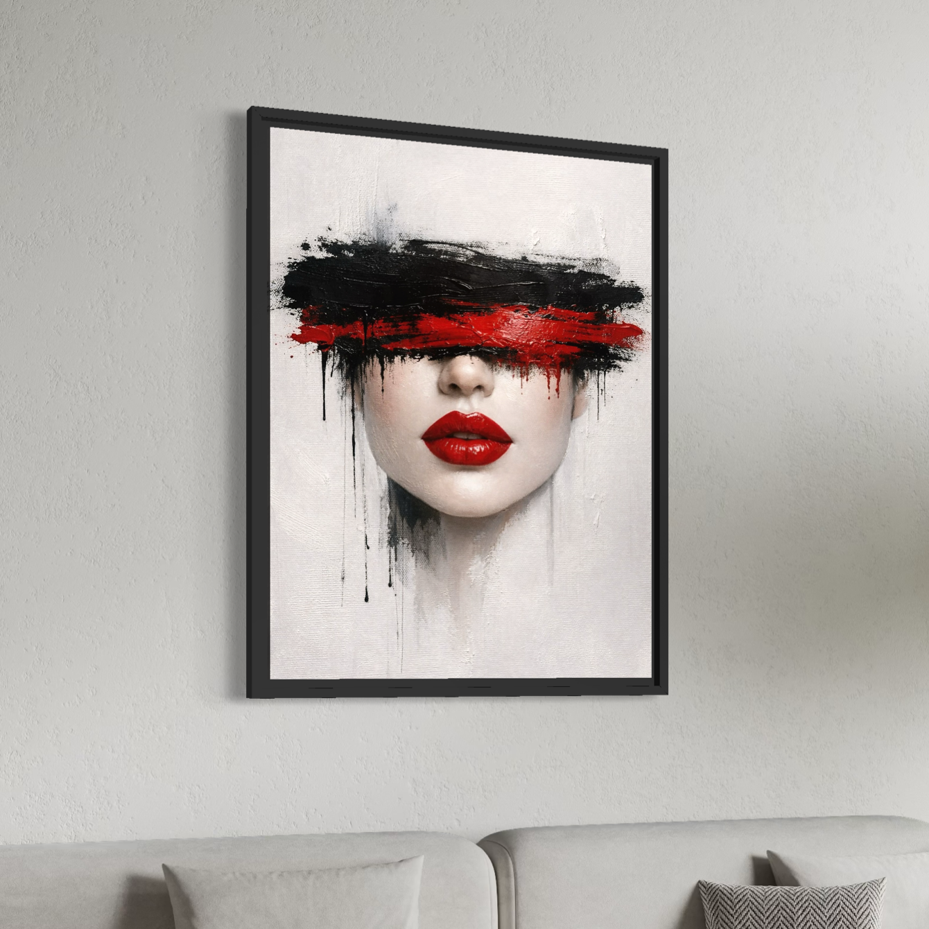 Tableau femme abstrait moderne Rouge Silence tableau femme abstrait noir et rouge accroché dans un salon contemporain élégant