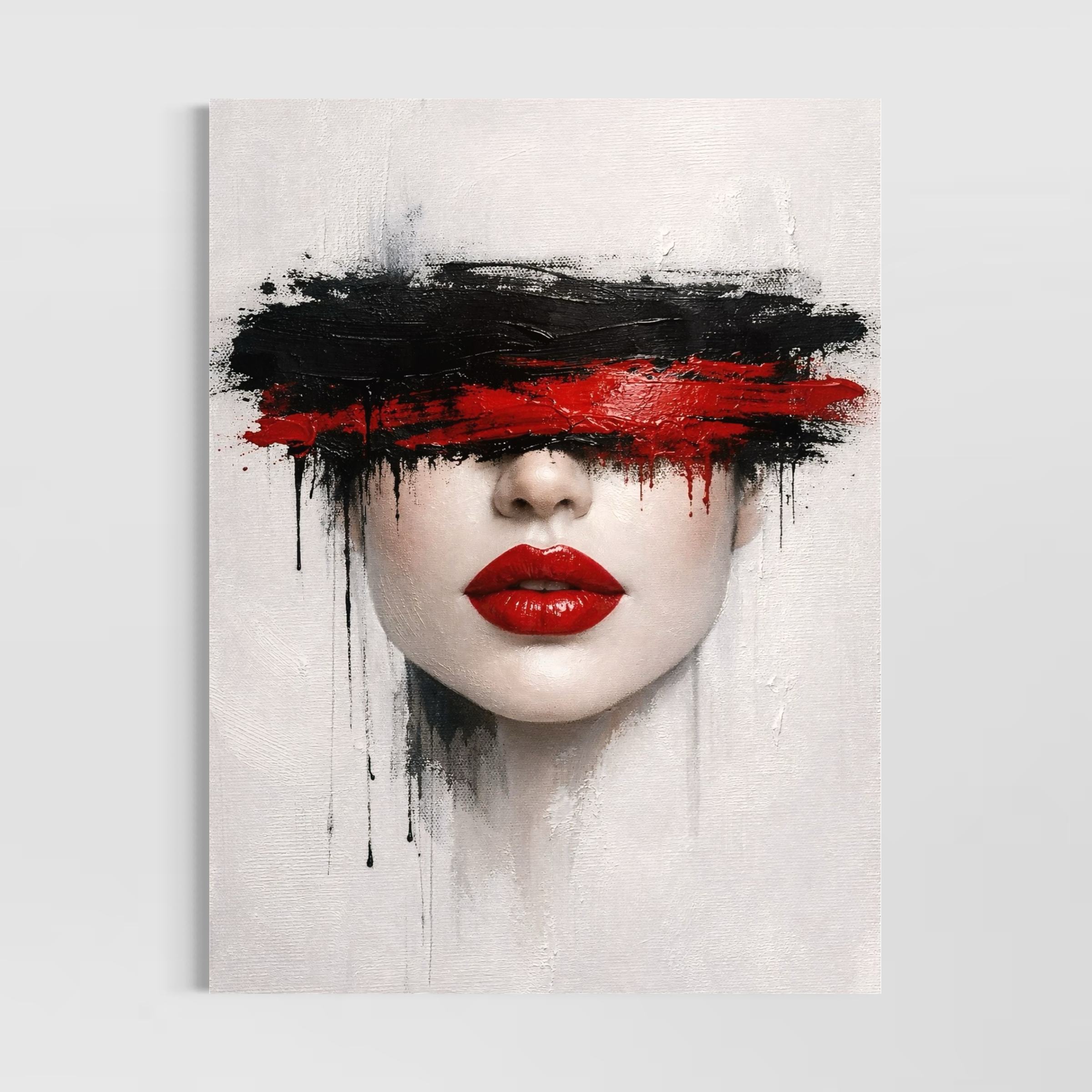 Tableau femme abstrait moderne Rouge Silence tableau femme abstrait moderne noir et rouge avec portrait artistique minimaliste