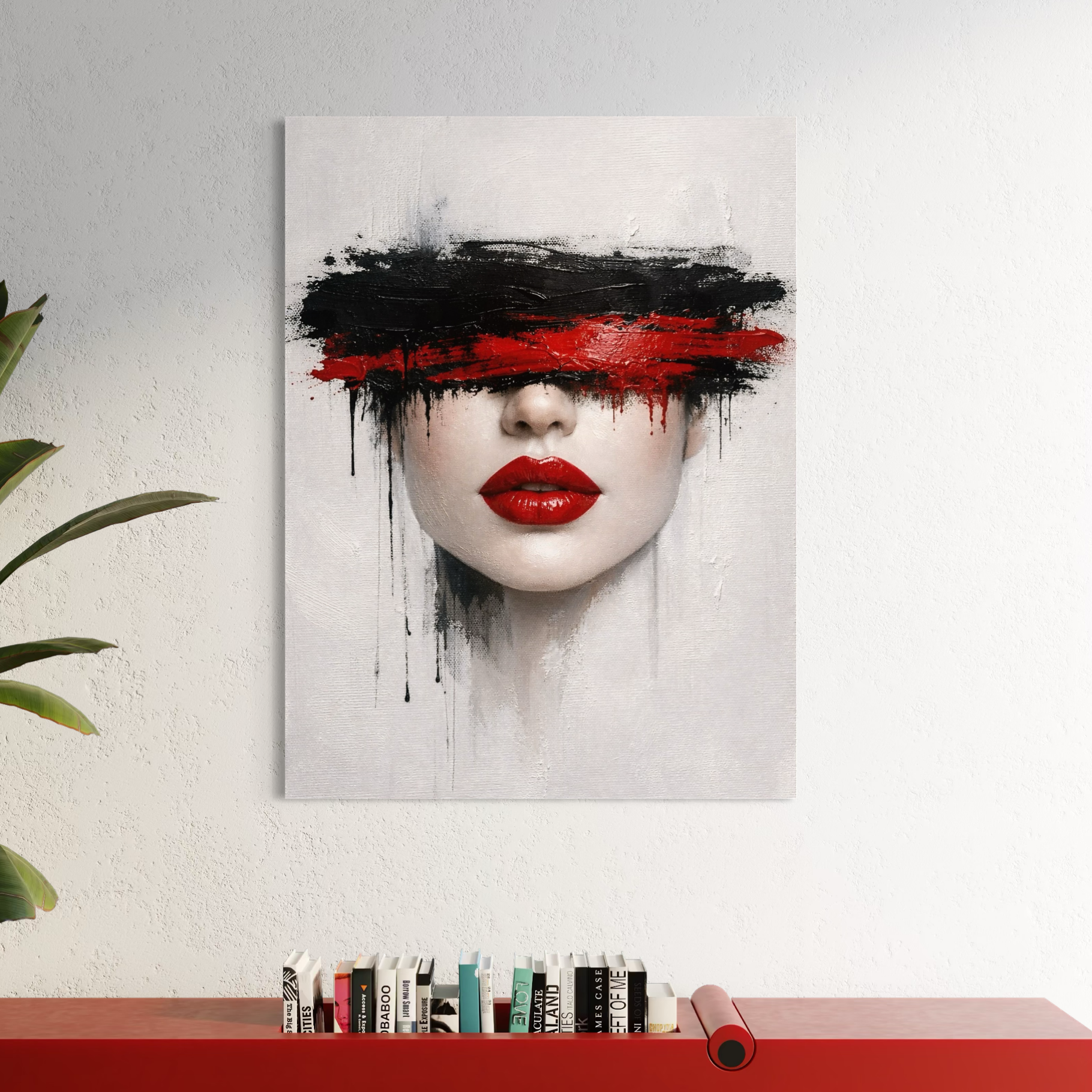 Tableau femme abstrait moderne Rouge Silence tableau femme abstrait noir et rouge dans une décoration intérieure moderne et élégante