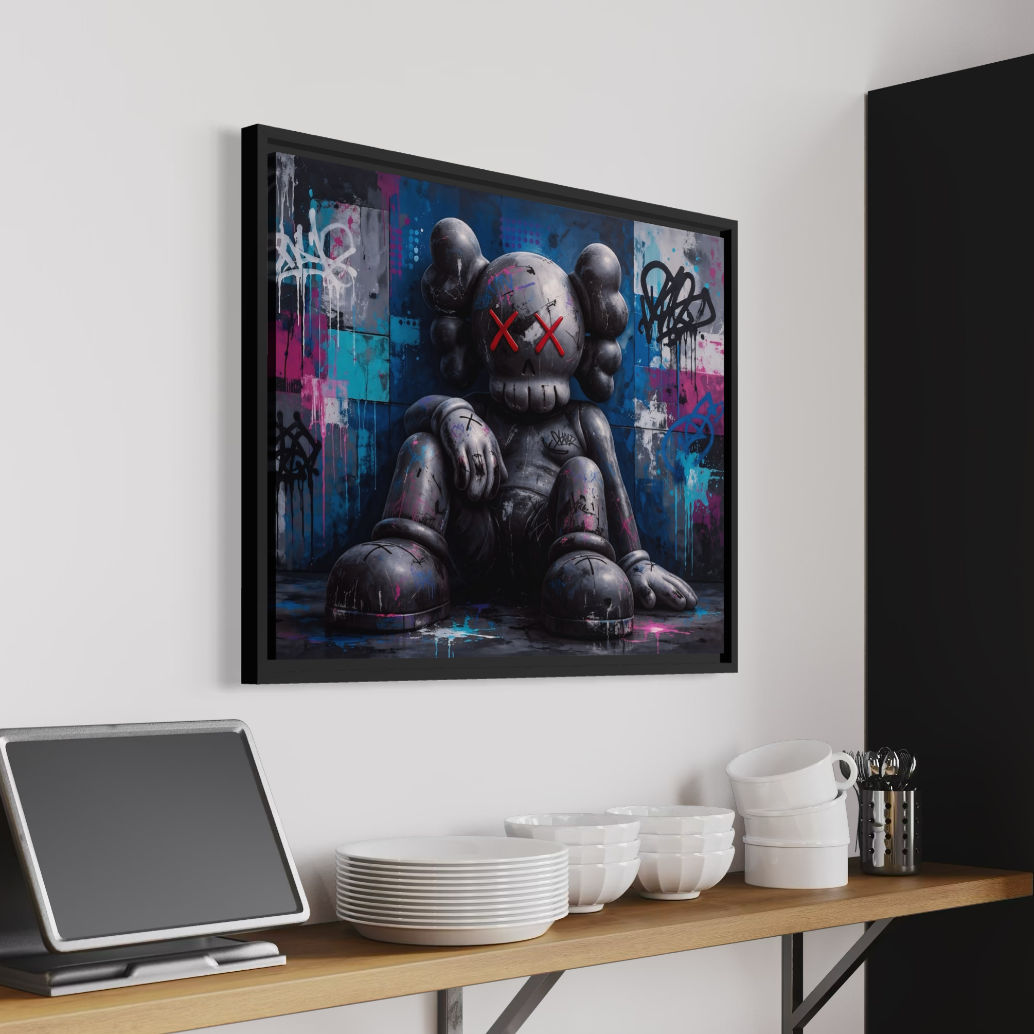 tableau street art contemporain noir et graffiti dans une cuisine moderne design