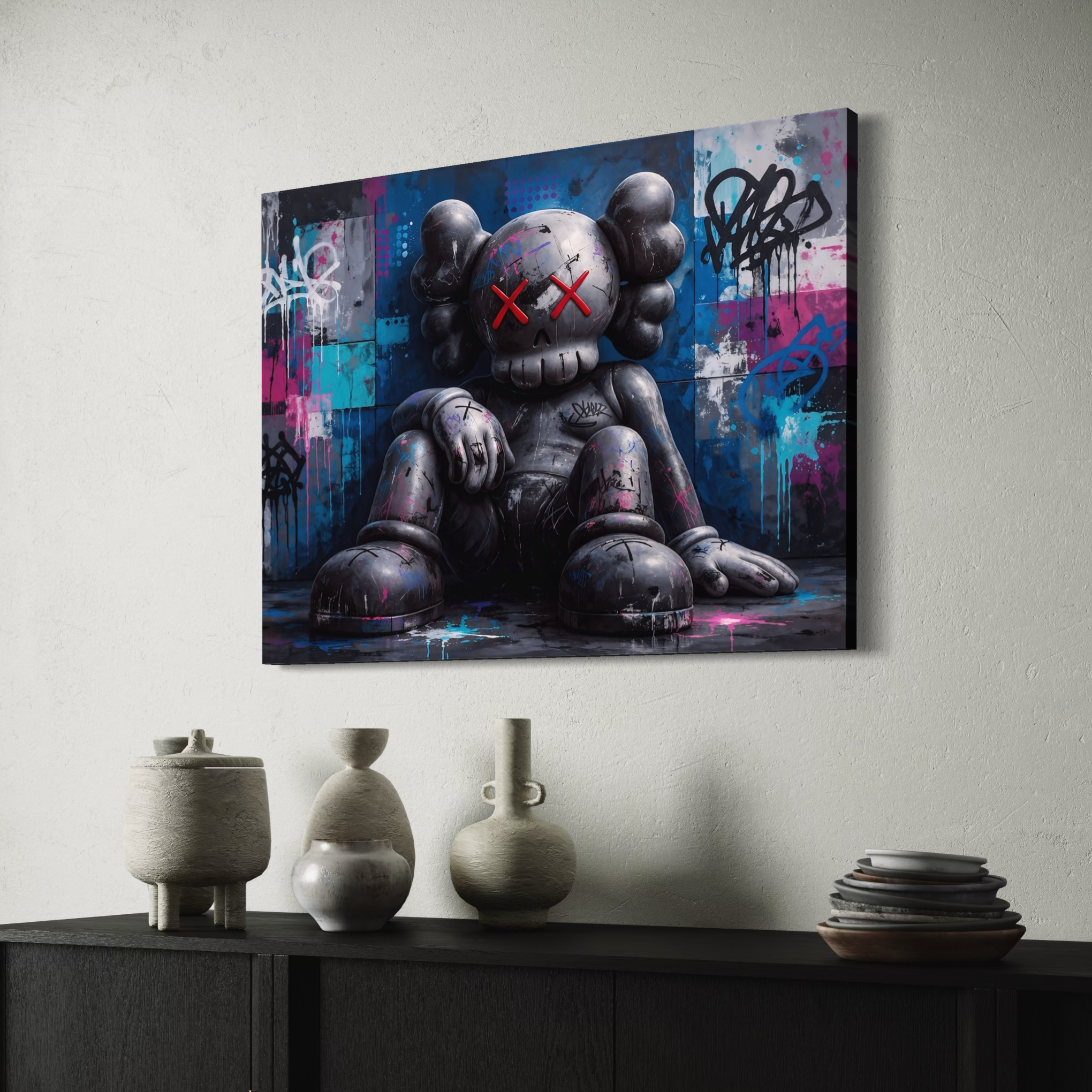 tableau street art moderne avec personnage graffiti et yeux rouges dans un intérieur minimaliste