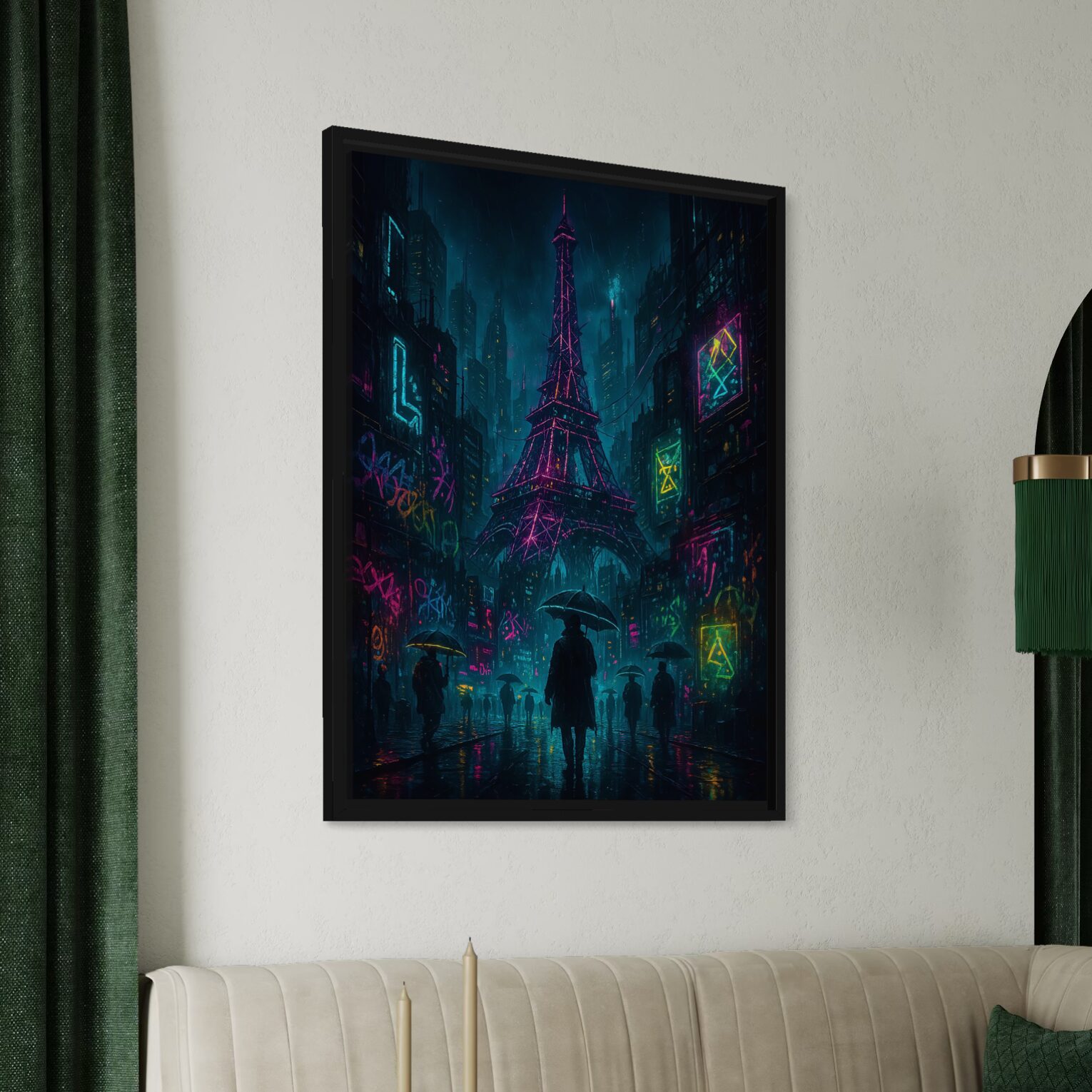 Tableau Tour Eiffel Cyberpunk – Cyber Paris tableau cyber paris tour eiffel neon futuriste décoration murale cyberpunk