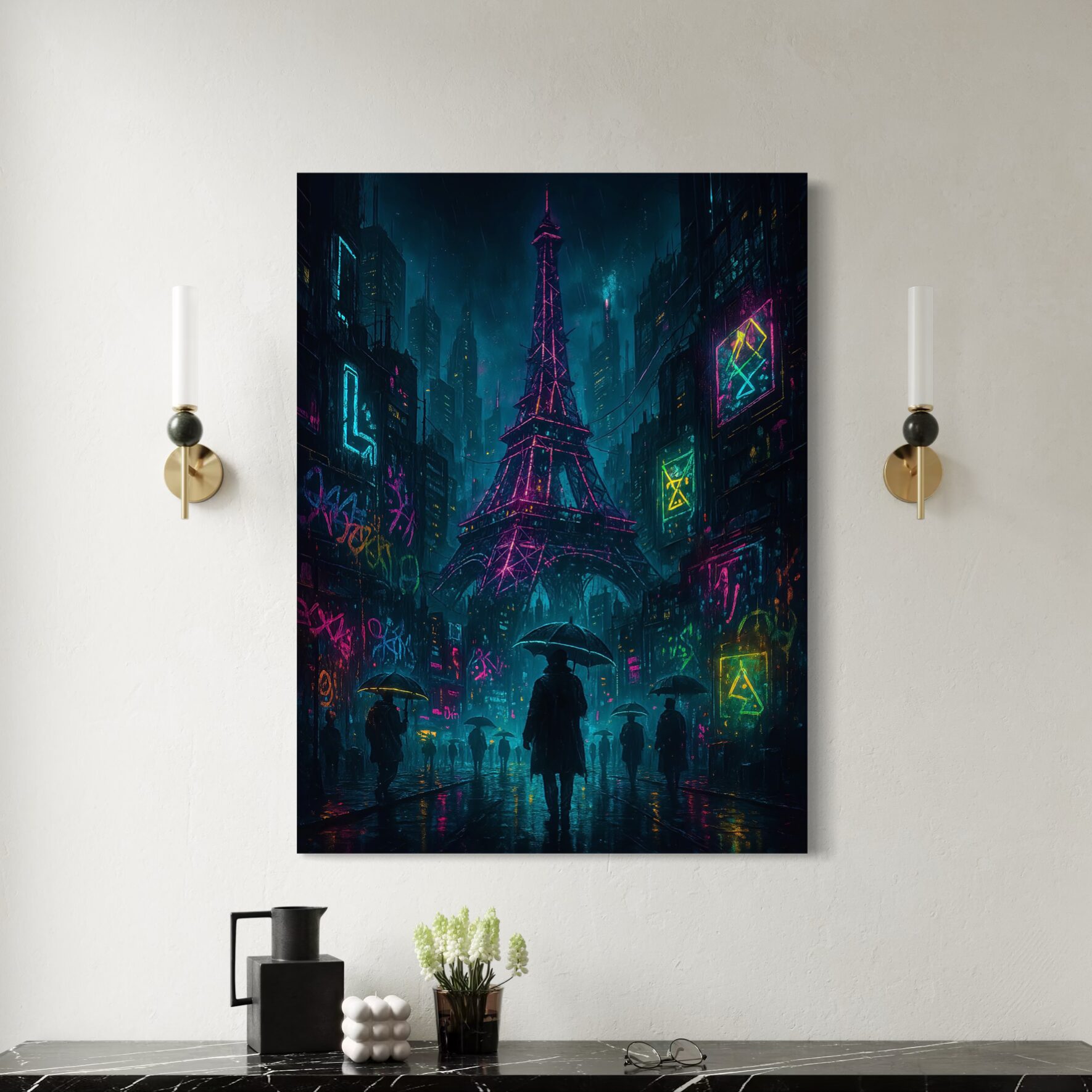 Tableau Tour Eiffel Cyberpunk – Cyber Paris tableau tour eiffel futuriste cyberpunk neon paris décoration murale moderne