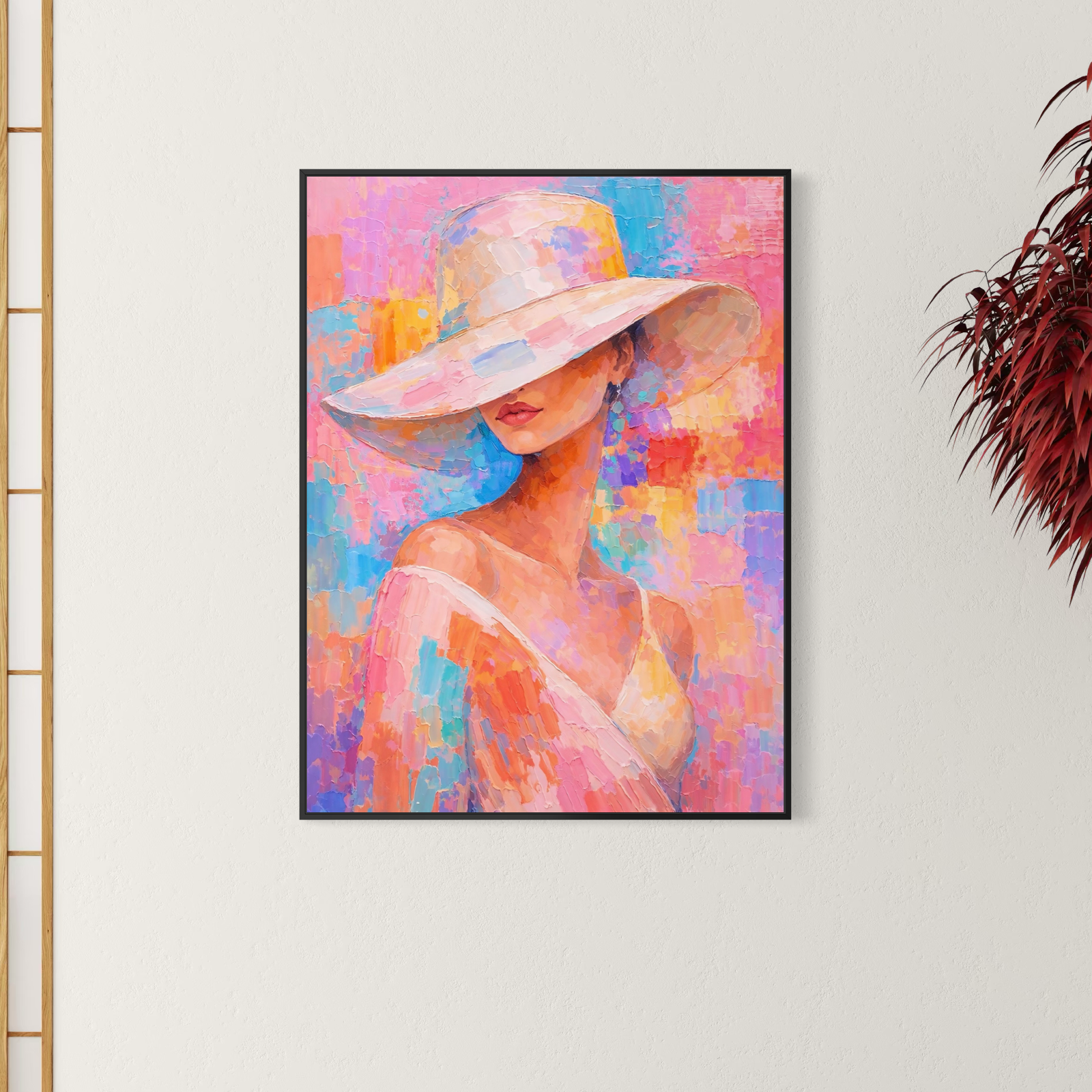 tableau femme chic pastel moderne avec chapeau blanc dans un interieur minimaliste