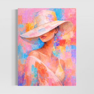 tableau femme colore moderne avec chapeau blanc dans un interieur contemporain