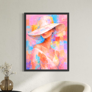 tableau femme colore moderne avec chapeau blanc dans un salon contemporain raffine