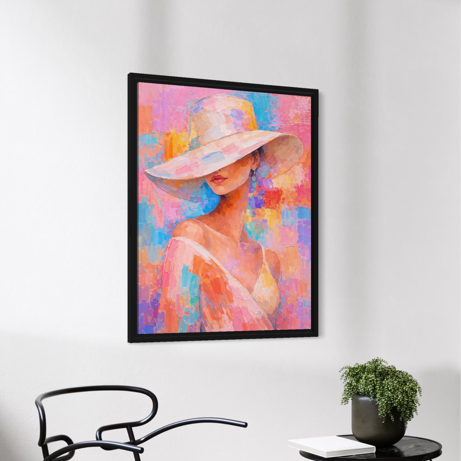 tableau femme pastel moderne avec chapeau blanc dans une decoration minimaliste