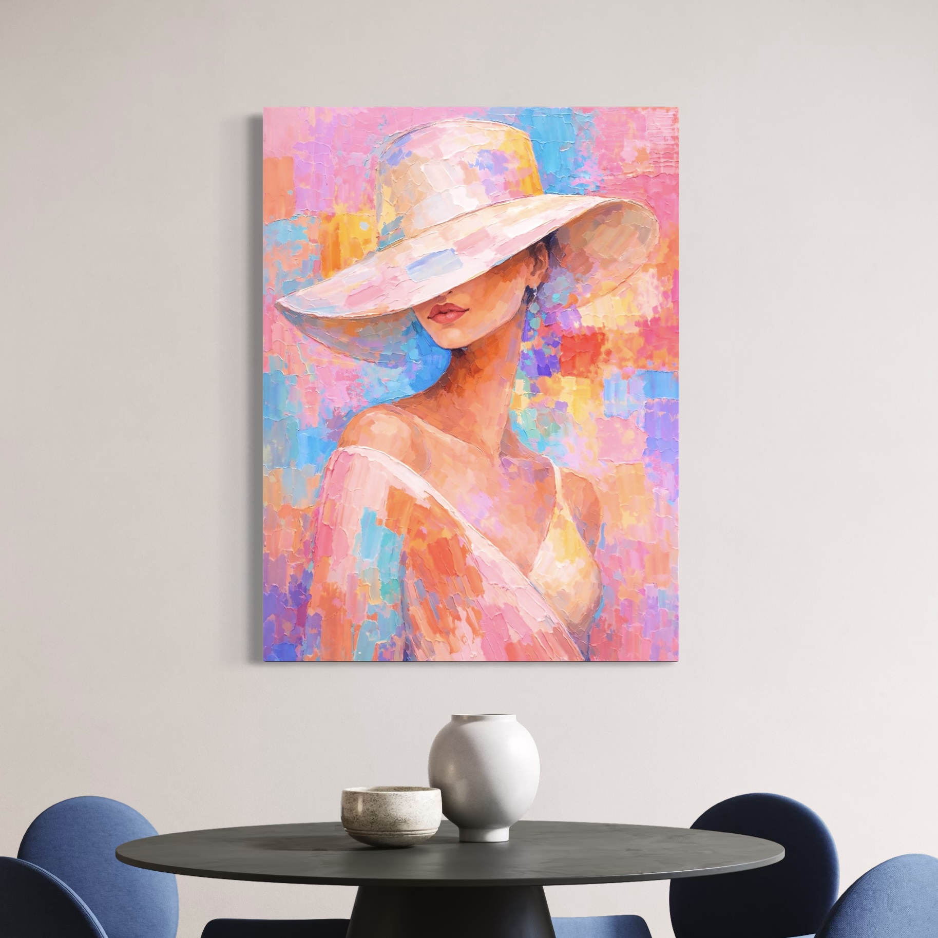 tableau femme pastel moderne avec chapeau blanc dans une salle a manger contemporaine