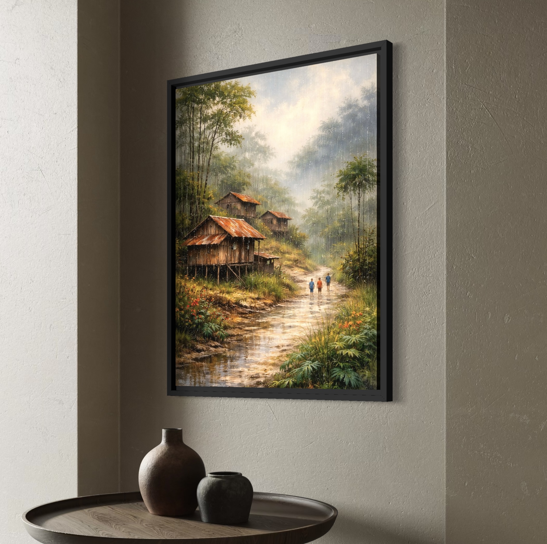 Tableau Paysage Asiatique – Lueur d’Asie tableau village asiatique rivière forêt tropicale décoration murale zen