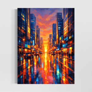 tableau ville moderne crépuscule urbain avec reflets lumineux et skyline contemporaine